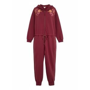 Sundance On Holiday Jumpsuit Sz XXL Maroon Floral Embroidered Hooded Zip Cotton